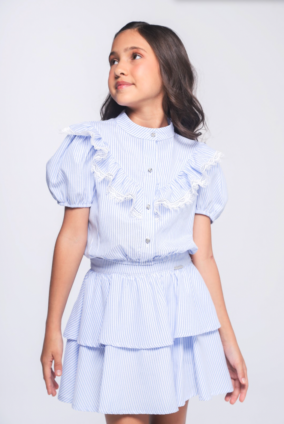 Conjunto Infantil Blusa com Babado Renda e Saia Camadas Listras Azul - Luluzinha