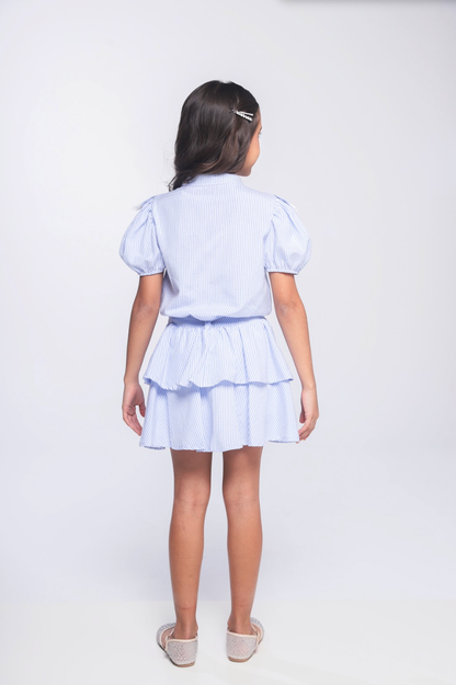 Conjunto Infantil Blusa com Babado Renda e Saia Camadas Listras Azul - Luluzinha