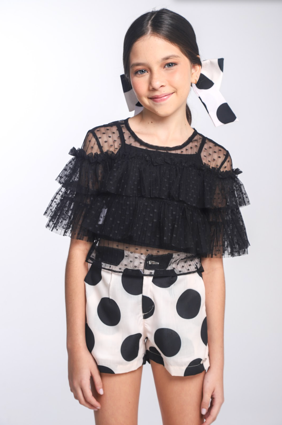 Conjunto Infantil Blusa Babados Tule Mini Póas e Shorts Póas - Luluzinha