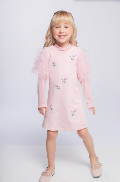 Vestido infantil Linha Malha Patch Flor Strass com Manga Babado Tule Glitter - Luluzinha
