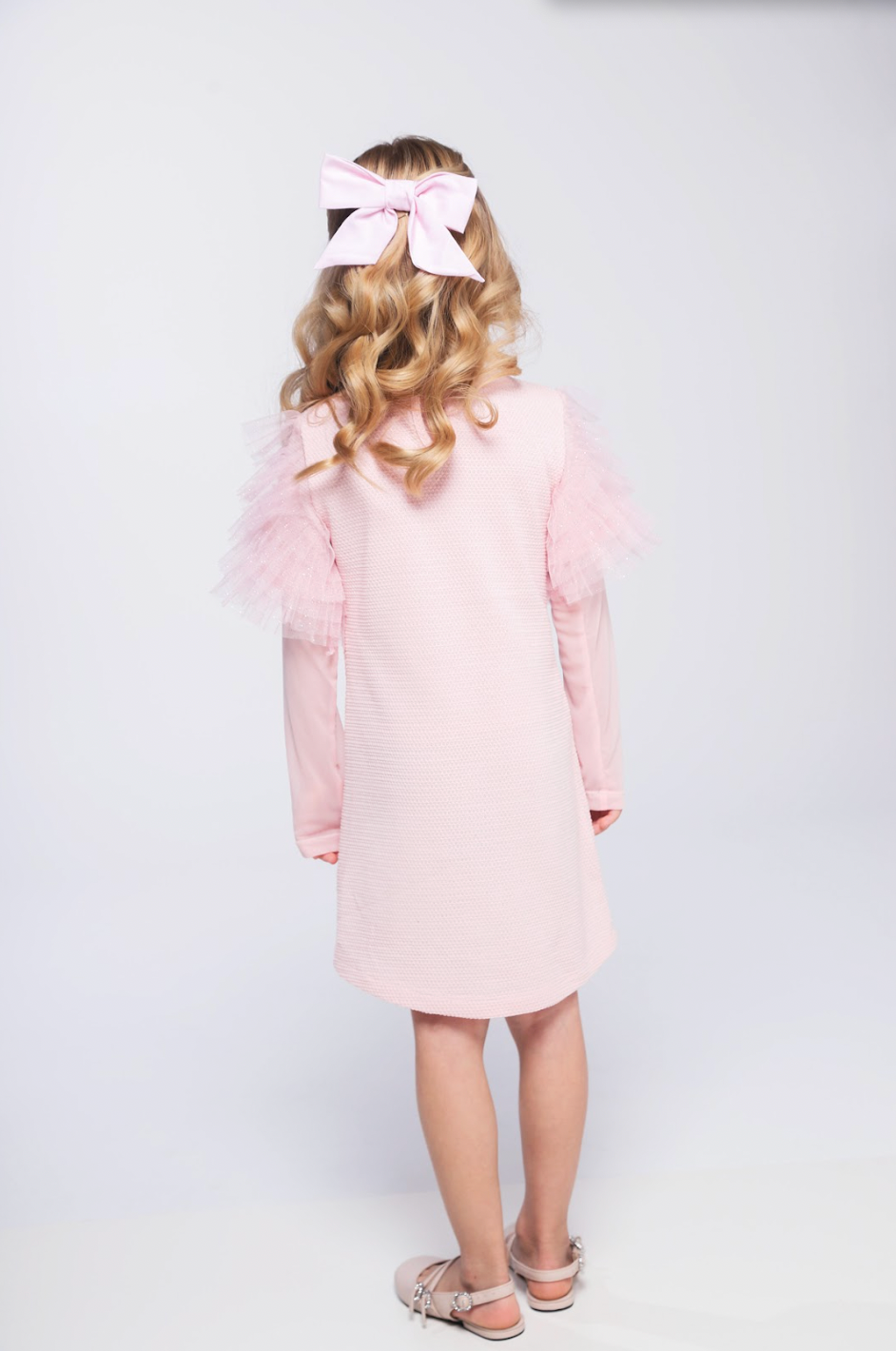 Vestido infantil Linha Malha Patch Flor Strass com Manga Babado Tule Glitter - Luluzinha