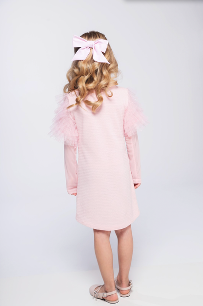 Vestido infantil Linha Malha Patch Flor Strass com Manga Babado Tule Glitter - Luluzinha