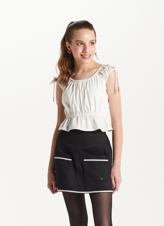 Conjunto Teen Blusa Tricoline Elástico Cintura e Saia Detalhes Bolsos - Two In