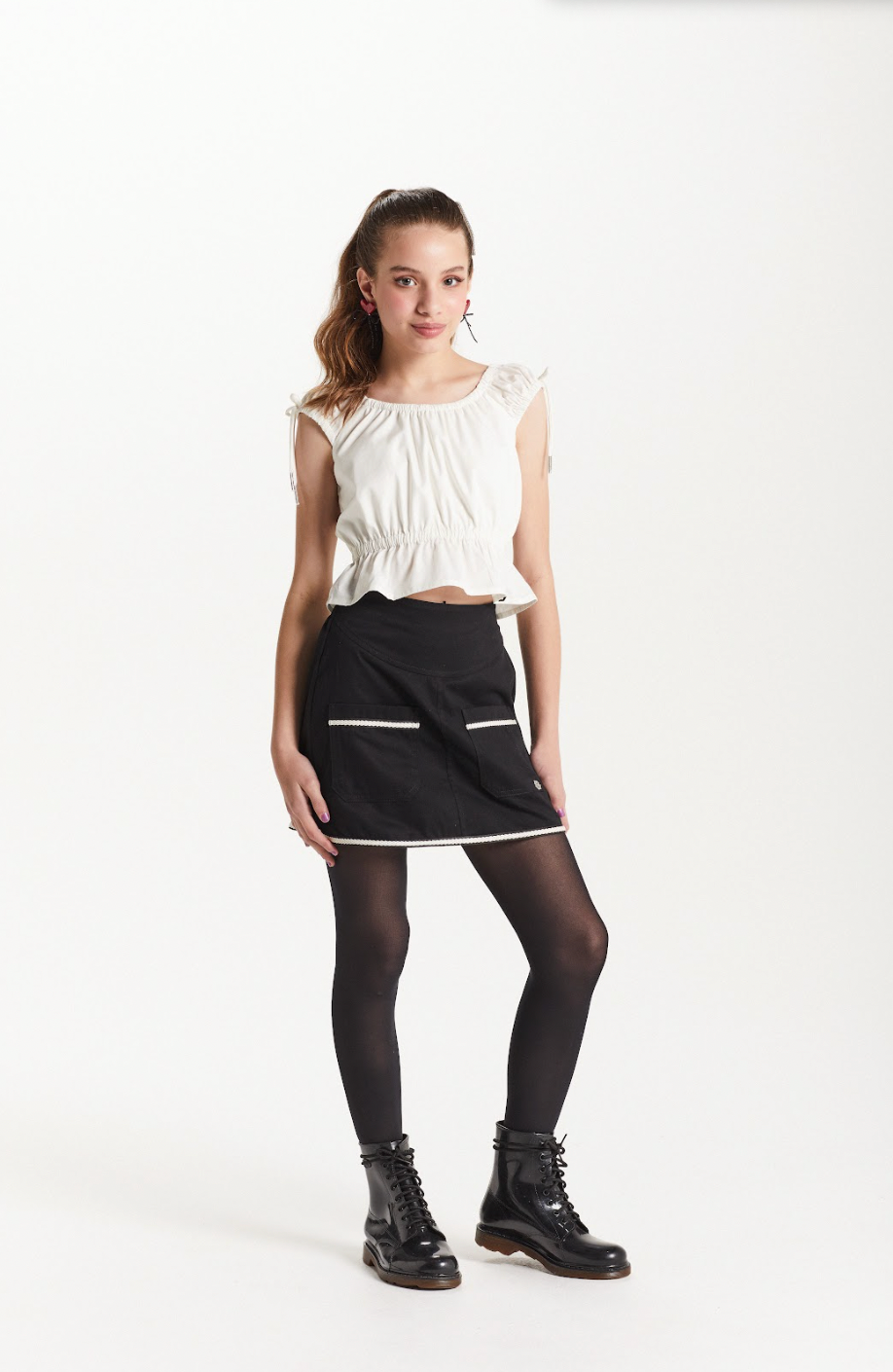 Conjunto Teen Blusa Tricoline Elástico Cintura e Saia Detalhes Bolsos - Two In