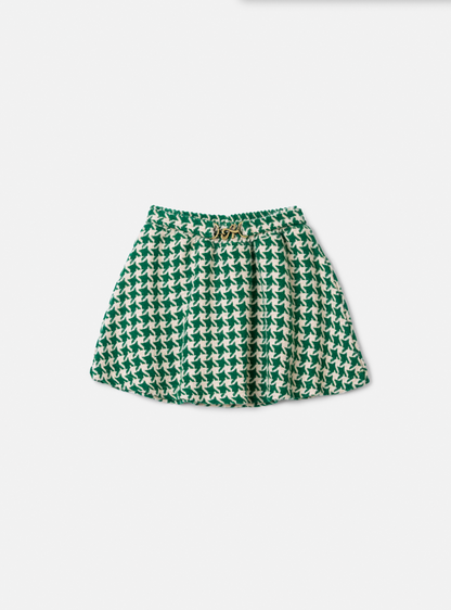 Conjunto Infantil Blusa Canelada Essentials e Saia Tweed Xadrez Verde -Animê