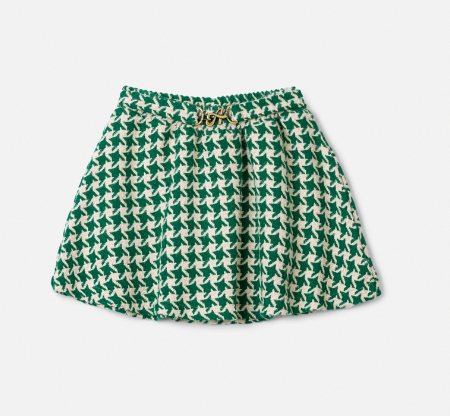 Conjunto Infantil Blusa Canelada Essentials e Saia Tweed Xadrez Verde -Animê