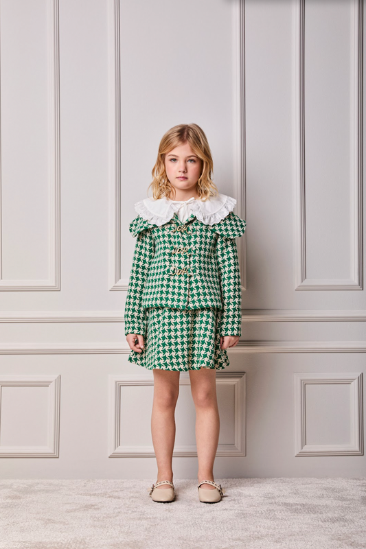 Conjunto Infantil Camisa Gola Laço e Casaco Tweed com Saia Tweed Xadrez Verde - Animê