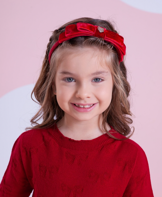 Arquinho Infantil Laço Triplo Veludo Vermelho - Pituchinhus PRÉ-VENDA