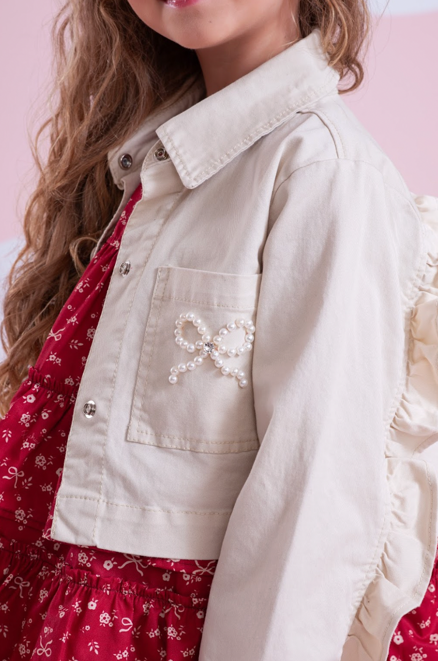 Conjunto Infantil Jaqueta Laços Bordados e Saia-shorts Babadinho Bege - Pituchinhus PRÉ-VENDA