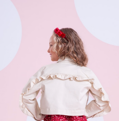 Conjunto Infantil Jaqueta Laços Bordados e Saia-shorts Babadinho Bege - Pituchinhus PRÉ-VENDA