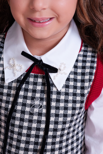 Vestido Infantil Tricot Xadrex Botão Jóia Coração Com Camisa Mini Laços Bordado Fita Veludo - Pituchinhus PRÉ-VENDA