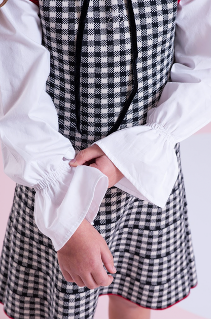 Vestido Infantil Tricot Xadrex Botão Jóia Coração Com Camisa Mini Laços Bordado Fita Veludo - Pituchinhus PRÉ-VENDA