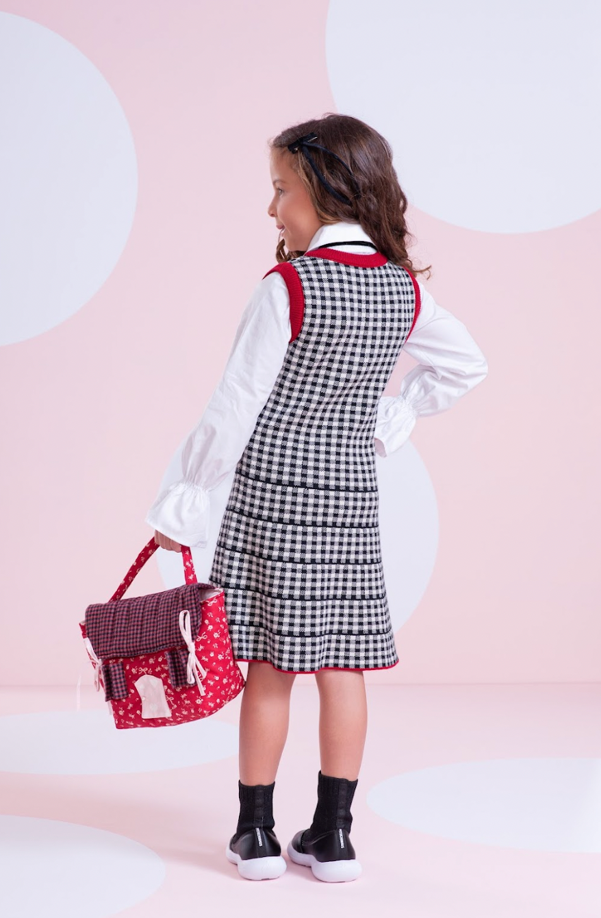 Vestido Infantil Tricot Xadrex Botão Jóia Coração Com Camisa Mini Laços Bordado Fita Veludo - Pituchinhus PRÉ-VENDA
