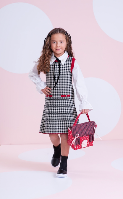 Vestido Infantil Tricot Xadrex Botão Jóia Coração Com Camisa Mini Laços Bordado Fita Veludo - Pituchinhus PRÉ-VENDA