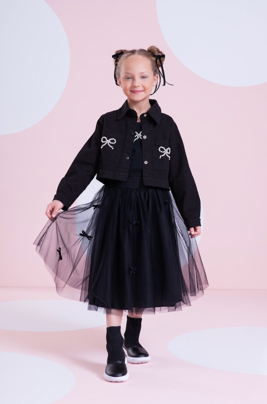 Conjunto Infantil Regata Lacinho Bordado e Saia-shorts Tule Lacinhos Veludo Preta - Pituchinhus