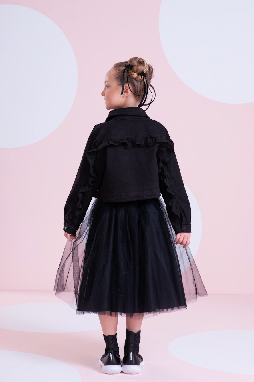 Conjunto Infantil Regata Lacinho Bordado e Saia-shorts Tule Lacinhos Veludo Preta - Pituchinhus