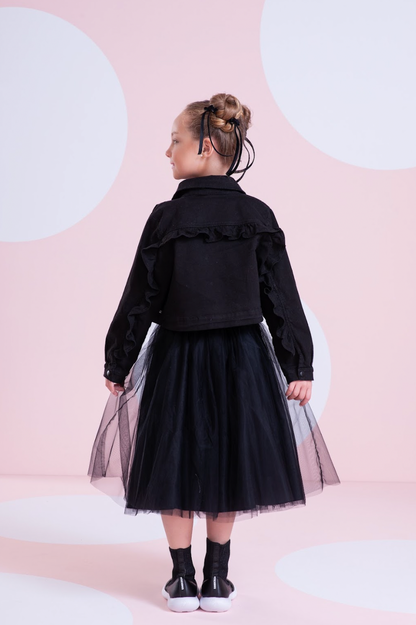 Conjunto Infantil Regata Lacinho Bordado e Saia-shorts Tule Lacinhos Veludo Preta - Pituchinhus