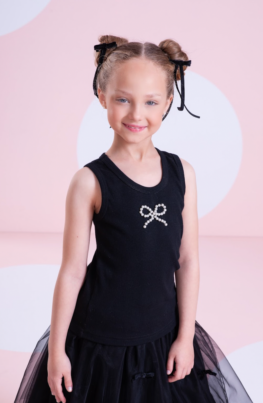 Conjunto Infantil Regata Lacinho Bordado e Saia-shorts Tule Lacinhos Veludo Preta - Pituchinhus