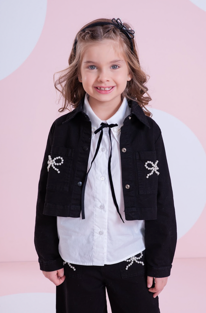 Conjunto Infantil Camisa Mini Laço Veludo e Calça Sarja Reta Laços Bordados Bolsos Preta - Pituchinhus PRÉ-VENDA