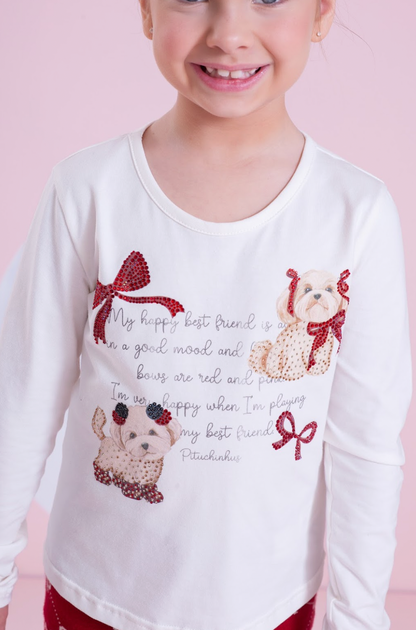 Conjunto Infantil Blusa Best Friends Cristal e Calça Reta Mini Flores e Laços Bala de Cereja - Pituchinhus PRÉ-VENDA