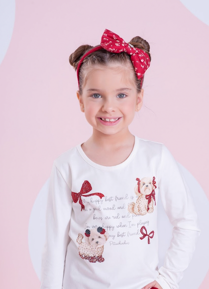 Conjunto Infantil Blusa Best Friends Cristal e Calça Reta Mini Flores e Laços Bala de Cereja - Pituchinhus PRÉ-VENDA