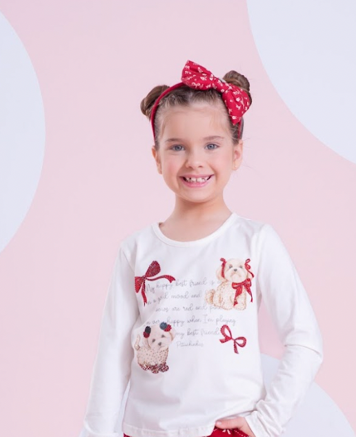 Conjunto Infantil Blusa Best Friends Cristal e Calça Reta Mini Flores e Laços Bala de Cereja - Pituchinhus PRÉ-VENDA