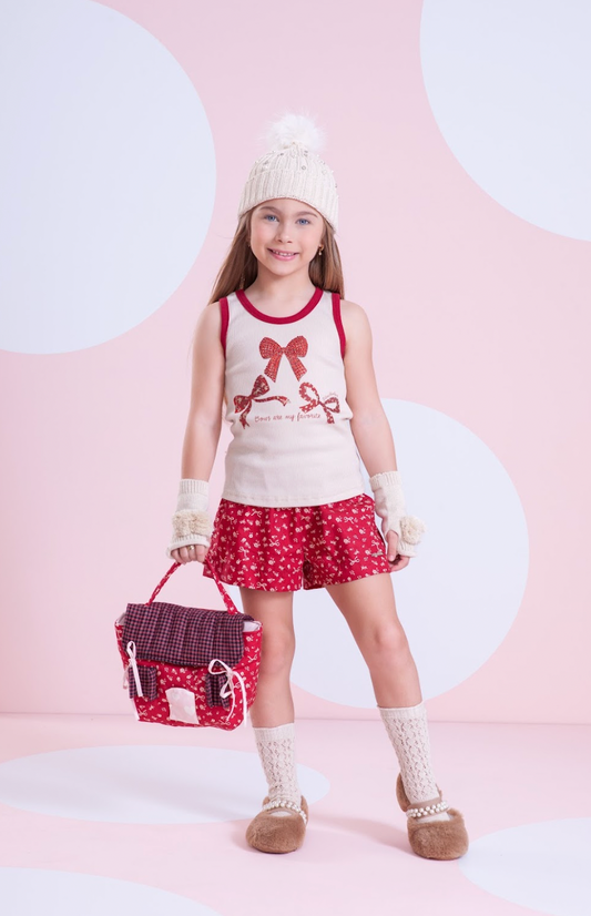 Conjunto Infantil Blusa Regata Laços Cristal e Shorts Mini Flores - Pituchinhus PRÉ-VENDA