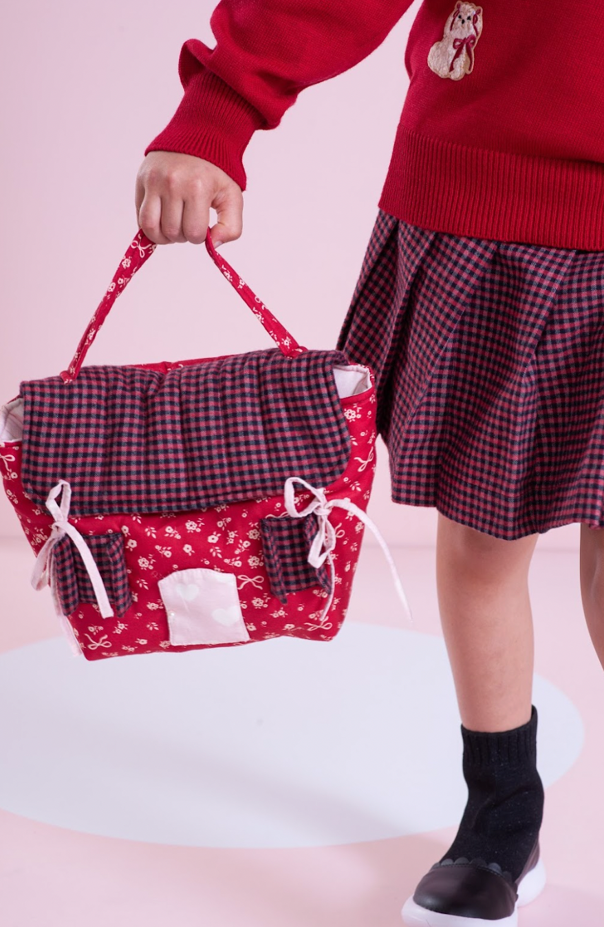 Conjunto Infantil Blusa Tricot Patches Cachorrinhos e Saia-shorts Xadrez Pregas - Pituchinhus