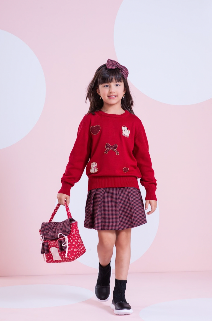 Conjunto Infantil Blusa Tricot Patches Cachorrinhos e Saia-shorts Xadrez Pregas - Pituchinhus