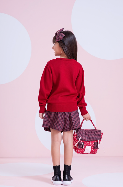 Conjunto Infantil Blusa Tricot Patches Cachorrinhos e Saia-shorts Xadrez Pregas - Pituchinhus