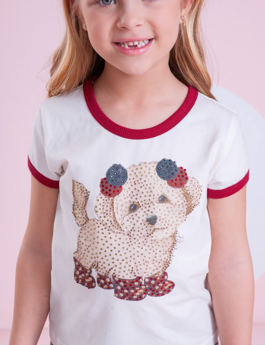 Conjunto Infantil Blusa Cachorrinho Cristais e Saia-shorts Xadrez Pregas - Pituchinhus