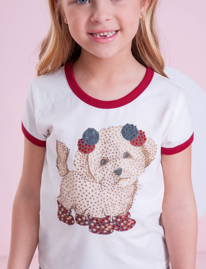 Conjunto Infantil Blusa Cachorrinho Cristais e Saia-shorts Xadrez Pregas - Pituchinhus