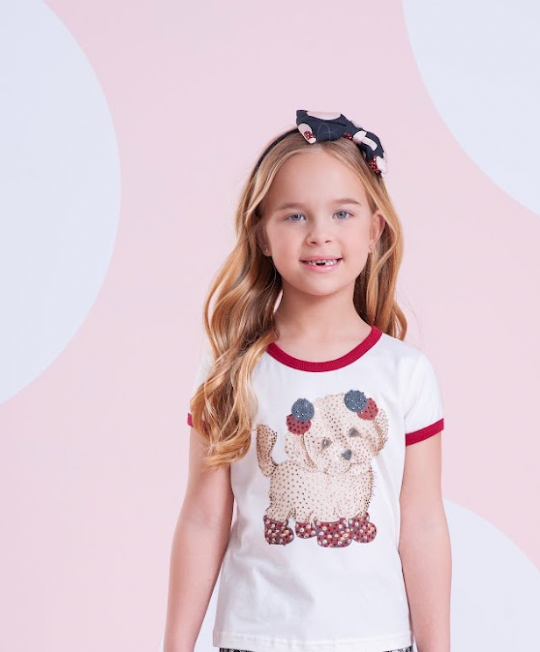 Conjunto Infantil Blusa Cachorrinho Cristais e Saia-shorts Xadrez Pregas - Pituchinhus