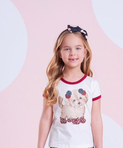 Conjunto Infantil Blusa Cachorrinho Cristais e Saia-shorts Xadrez Pregas - Pituchinhus