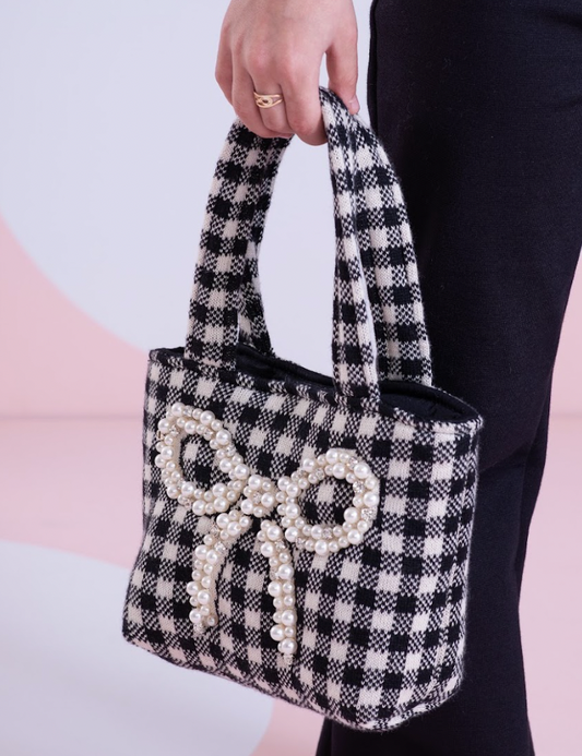 Bolsa Infantil  Tricot Xadrez Laço Pérolas - Pituchinhus PRÉ-VENDA