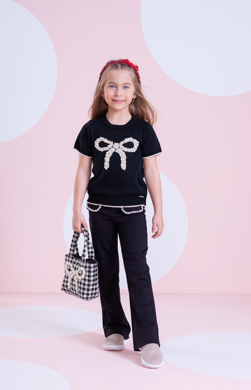 Bolsa Infantil  Tricot Xadrez Laço Pérolas - Pituchinhus PRÉ-VENDA