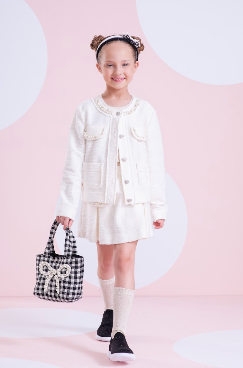 Bolsa Infantil  Tricot Xadrez Laço Pérolas - Pituchinhus PRÉ-VENDA