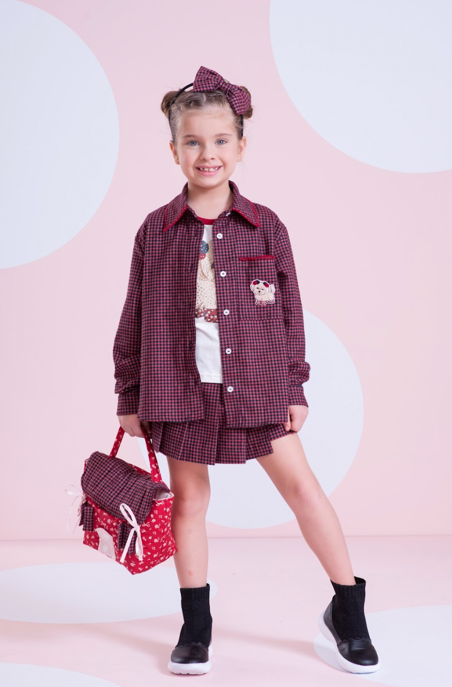 Conjunto Infantil Trio Xadrez Camisa Max Patche Cachorrinho, Blusa Cristais e Saia-shorts Pregas - Pituchinhus