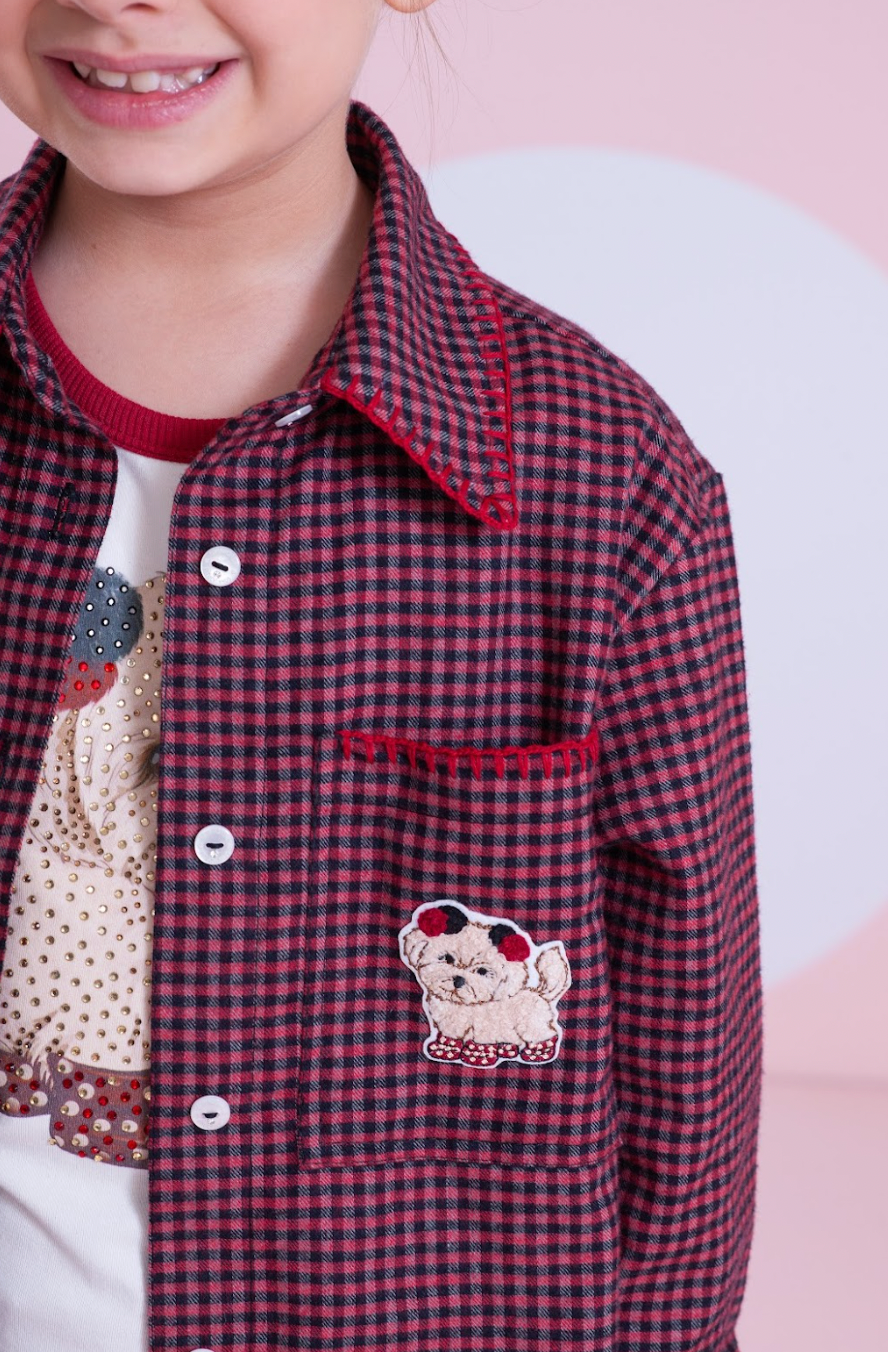 Conjunto Infantil Trio Xadrez Camisa Max Patche Cachorrinho, Blusa Cristais e Saia-shorts Pregas - Pituchinhus