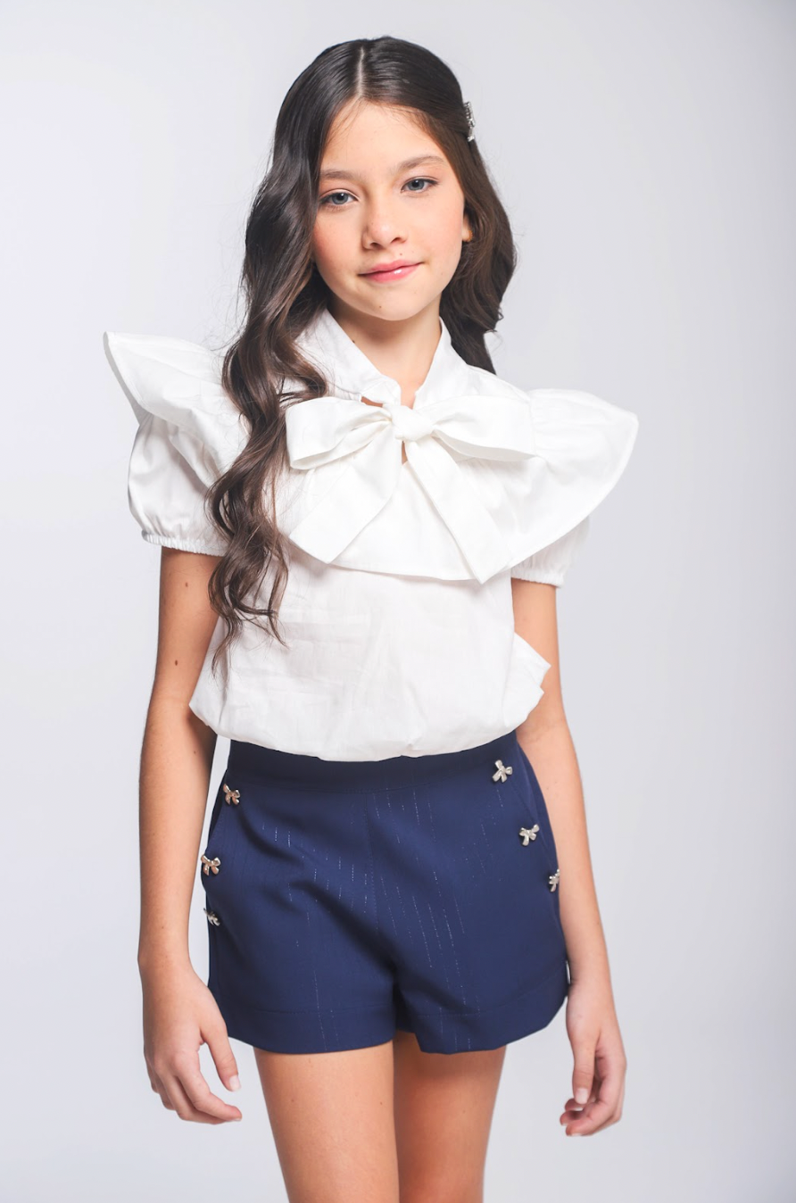 Conjunto Infantil Blusa com Gola Laço e Short Alfaiataria Risca de Giz - Luluzinha