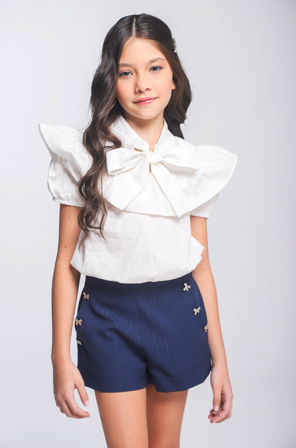 Conjunto Infantil Blusa com Gola Laço e Short Alfaiataria Risca de Giz - Luluzinha