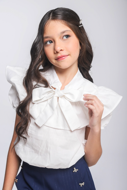 Conjunto Infantil Blusa com Gola Laço e Short Alfaiataria Risca de Giz - Luluzinha