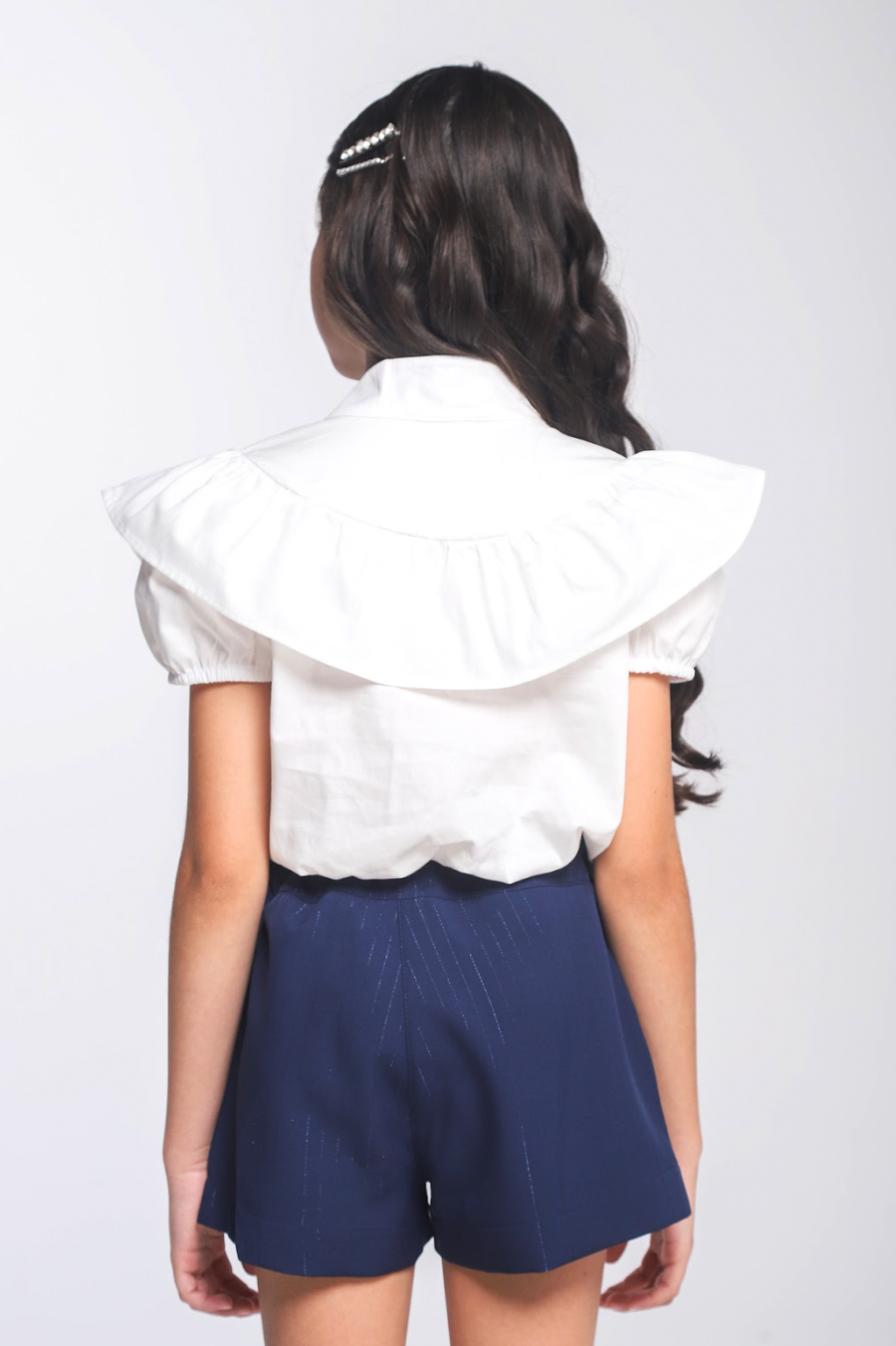 Conjunto Infantil Blusa com Gola Laço e Short Alfaiataria Risca de Giz - Luluzinha