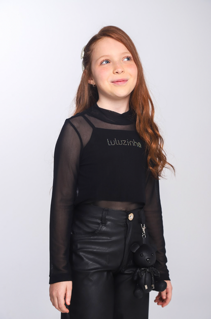 Conjunto Infantil Blusa Tule & Strass com Calça Wide Leg Couro Tech Pingente de Urso - Luluzinha