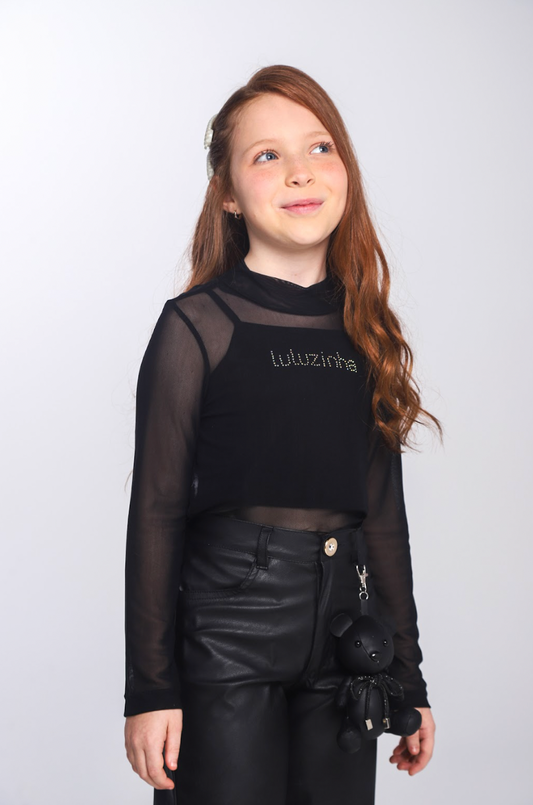 Conjunto Infantil Blusa Tule & Strass com Calça Wide Leg Couro Tech Pingente de Urso - Luluzinha