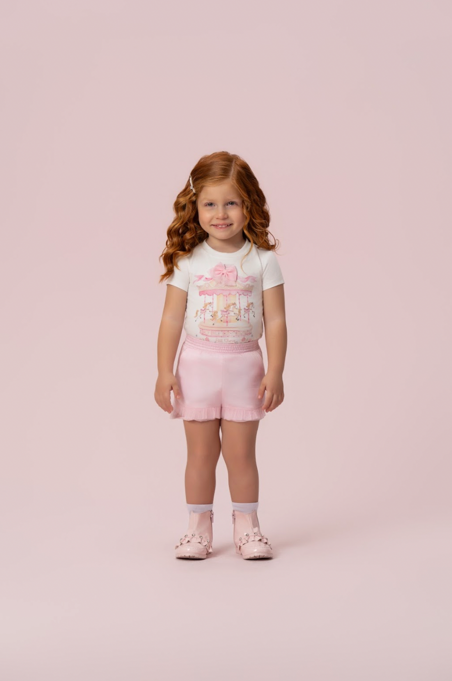 Conjunto Infantil Blusa Carrossel Shorts Babado Rosa - Petit Cherie