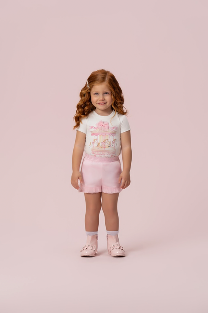 Conjunto Infantil Blusa Carrossel Shorts Babado Rosa - Petit Cherie