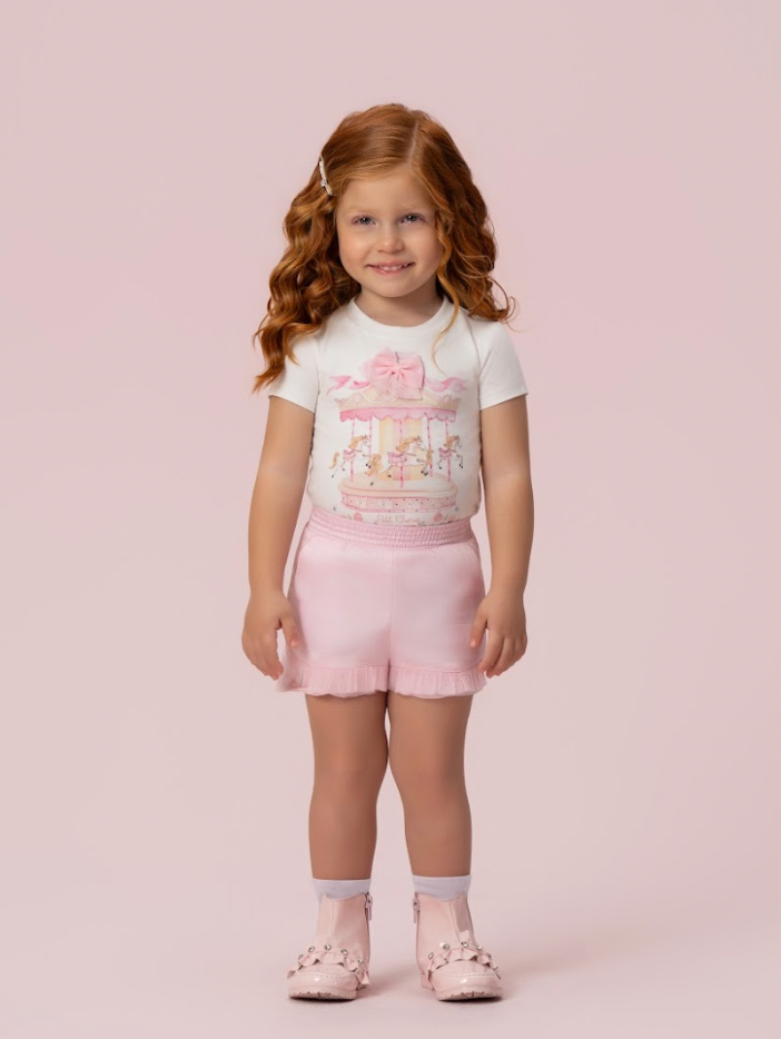 Conjunto Infantil Blusa Carrossel Shorts Babado Rosa - Petit Cherie