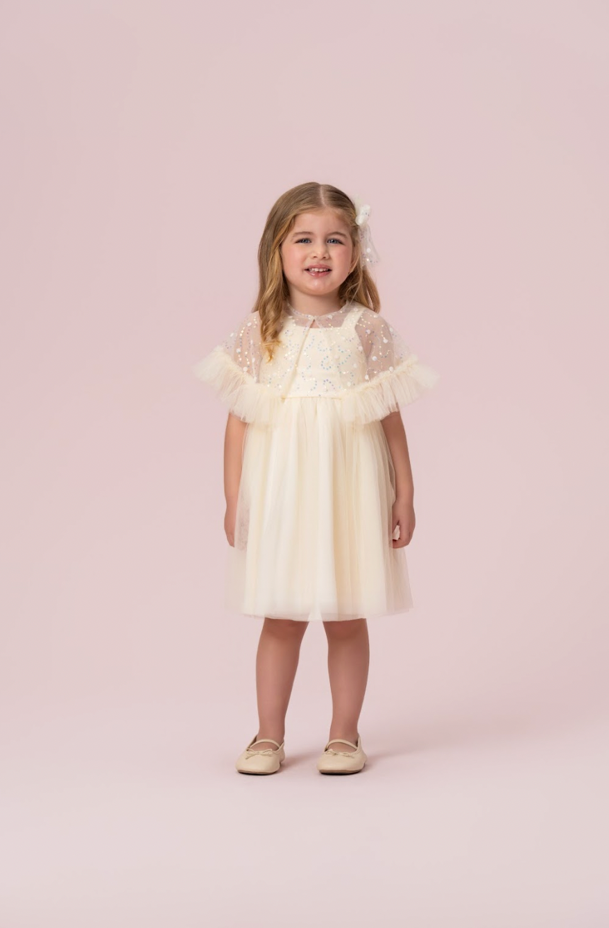 Vestido Infantil Festa com Capa Tule Bordado Creme - Petit Cherie