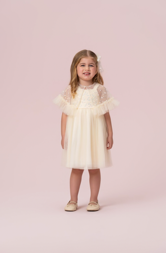Vestido Infantil Festa com Capa Tule Bordado Creme - Petit Cherie
